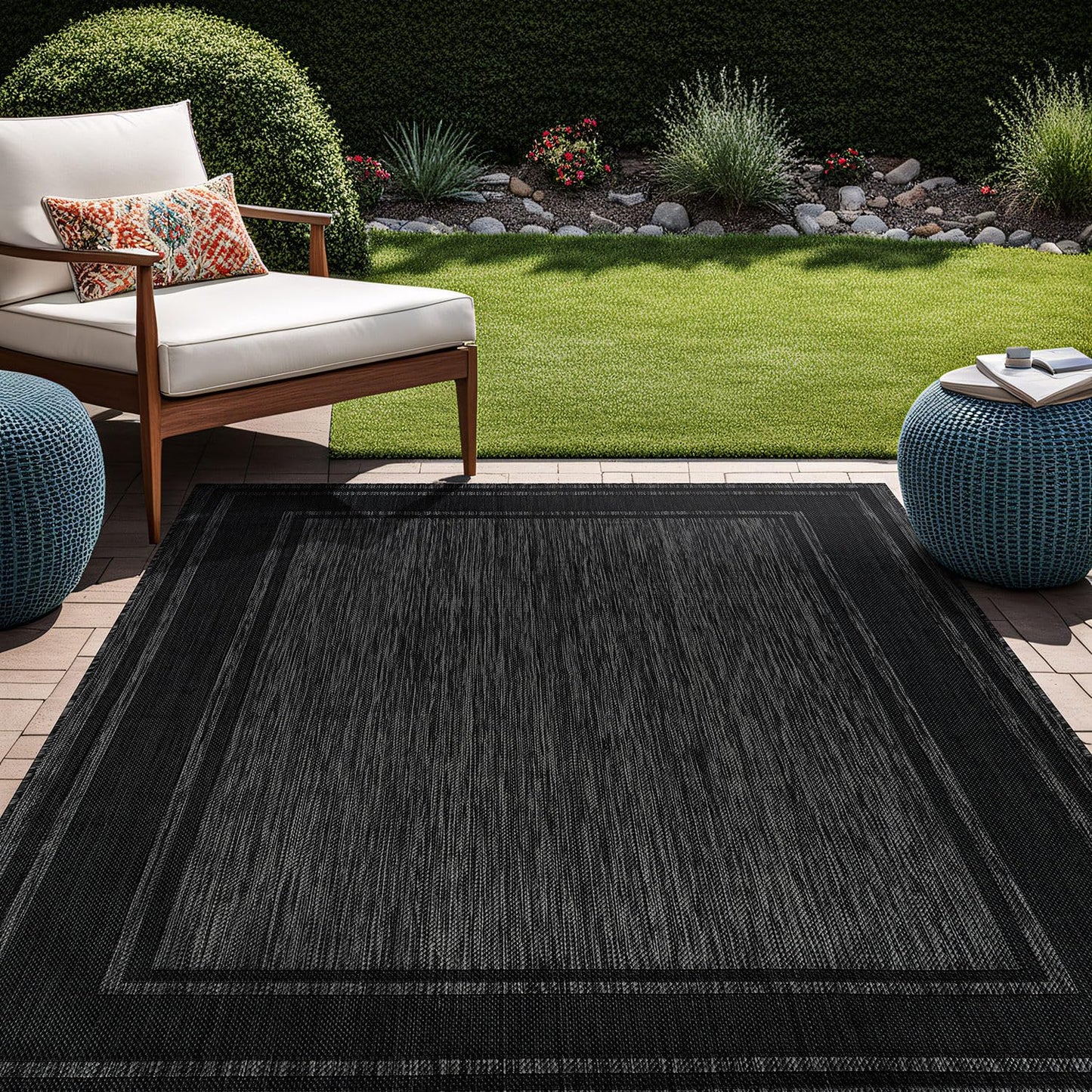 Beverly Rug Outdoor Rug 6x9 Modern Bordered Area Rugs for Indoor and Outdoor Patio Deck Porch Garden Waterproof Weather Sun Resistant Washable Outside Carpet (6 x 9 Black)
