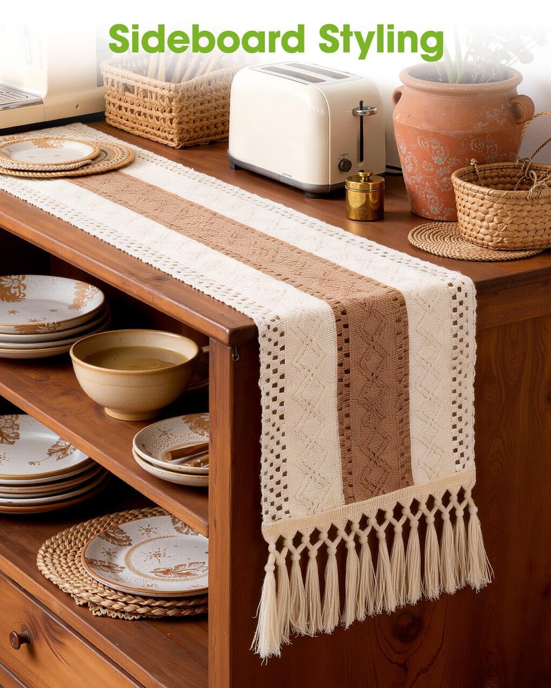 Pureegg Farmhouse Boho Table Runner - 72 Inches, Linen-Textured Woven Tassel Design for Dining Table Decor, Kitchen, Coffee Table & Living Room, 12 x 72 Inch, Brown