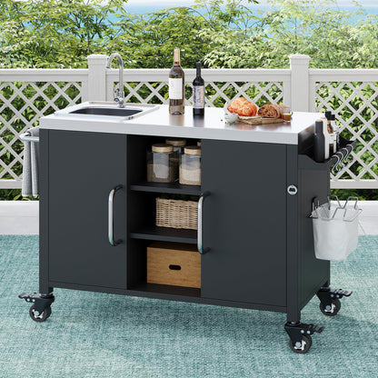 Merax 55.5" Outdoor Kitchen Island, Metal Grill Cart Table with 304 Stainless Steel Sink, Outdoor Bar Cart Sink Station with 4 Lockable Wheels for Pizza Prep & BBQ, Black