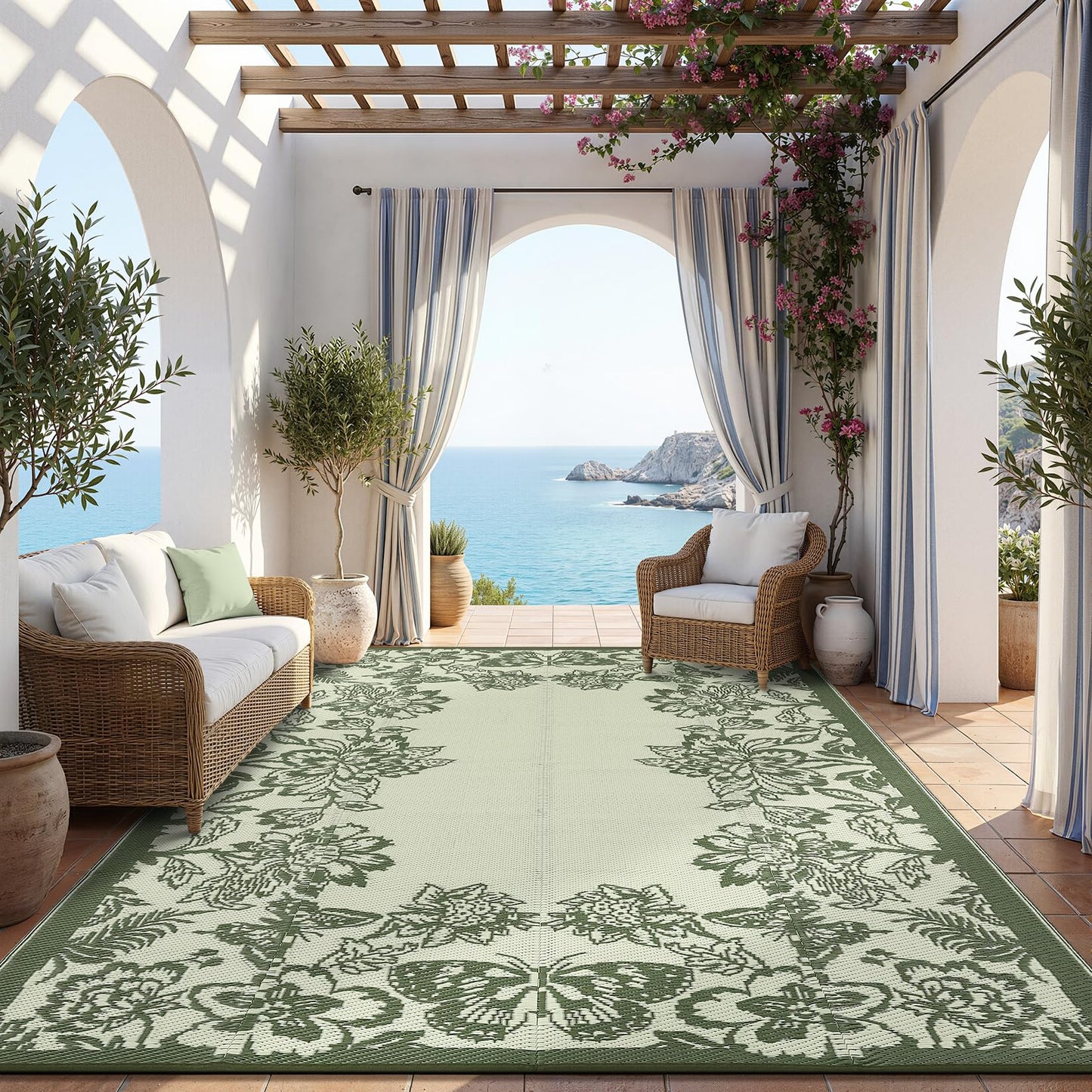 Garvee Outdoor Rugs 9' x 18’ Waterproof Reversible Mats, Large Area Plastic Straw Rug, Outside Carpet, Butterfly Floral Rv Mat for Patio Camping Picnic Backyard Deck Balcony Porch Beach Trailer
