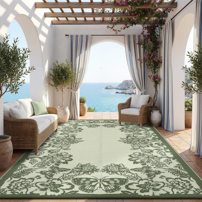 Garvee Outdoor Rugs 9' x 18’ Waterproof Reversible Mats, Large Area Plastic Straw Rug, Outside Carpet, Butterfly Floral Rv Mat for Patio Camping Picnic Backyard Deck Balcony Porch Beach Trailer
