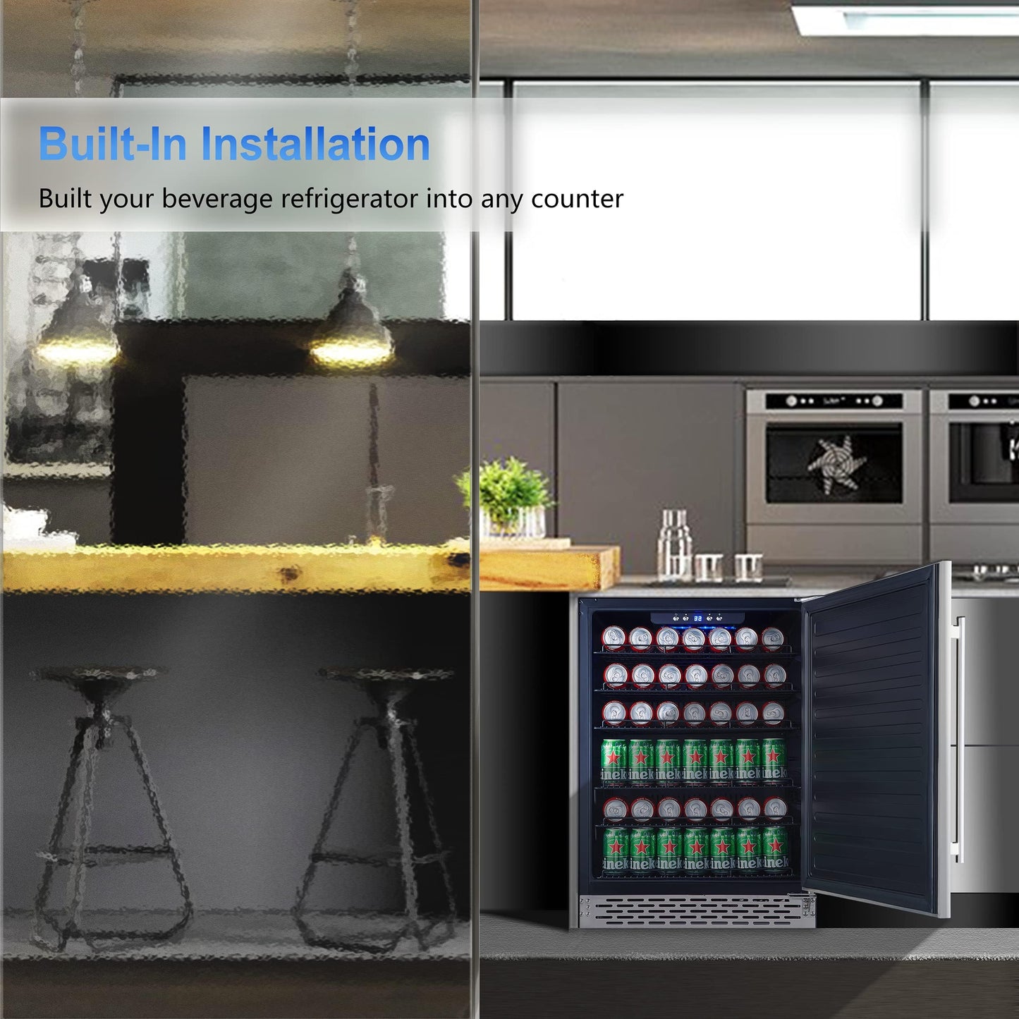 Phiestina Beverage Refrigerator 24Inch, 175 Cans Indoor/Outdoor Undercounter Beverage Cooler Refrigerator Stainless Steel Beer Fridge with Safety Lock Built-in/Freestanding-Silver Foam Door