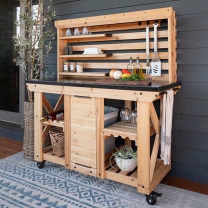 Backyard Discovery 48" Cedar Wood Buffet Hutch Serving Station with Galvanized Steel Countertop, Wine Rack, Wine Glass Rack, Trash Bin, Modular Shelves, Towel Bar, Drink and Food Prep, Indoor/Outdoor