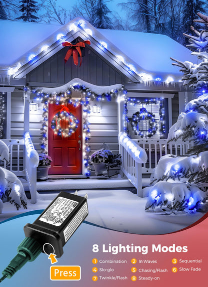 Minetom C9 LED String Lights, 100 LED, 81 Feet, Waterproof, 8 Modes, 2 Pack, Blue & Pure White