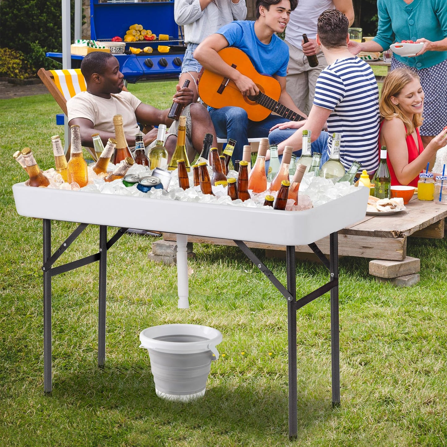 Giantex 4 FT Folding Ice Cooler Table with Drain & Bucket, Removable Skirt, No Assembly, Portable Fill and Chill Table for Food Drink Beverage, Foldable Party Ice Bin for Camping BBQ, White