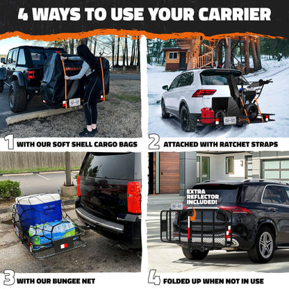 Mockins 60"x24"x6" Heavy Duty Trailer Hitch Cargo Carrier & 25 CuFt Waterproof Cargo Bag for Hitch Carrier | 500 Lbs. Capacity Folding Luggage Rack for SUV Car Truck with Plate Bracket & Accessories