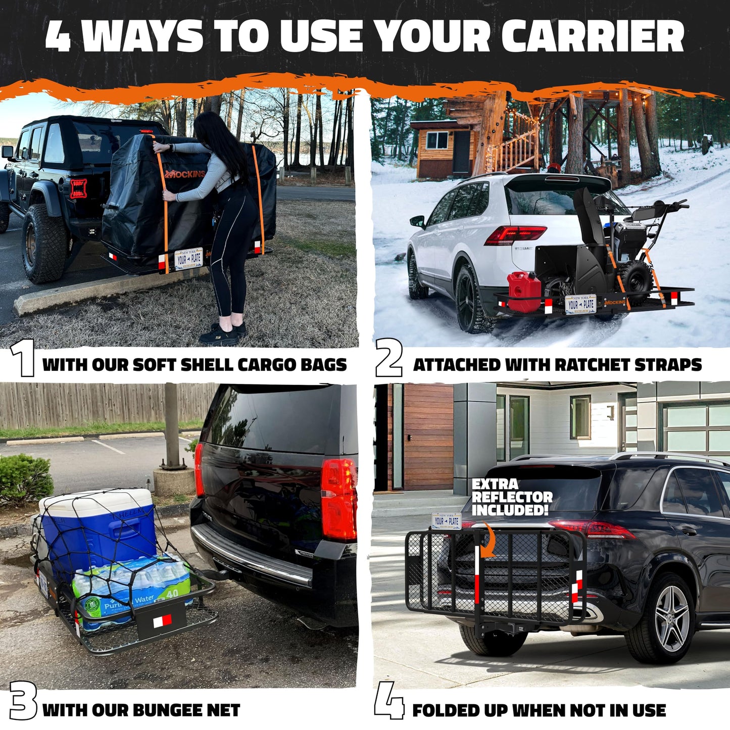 Mockins 60"x24"x6" Heavy Duty Trailer Hitch Cargo Carrier & 25 CuFt Waterproof Cargo Bag for Hitch Carrier | 500 Lbs. Capacity Folding Luggage Rack for SUV Car Truck with Plate Bracket & Accessories