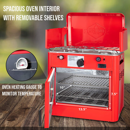 Hike Crew Outdoor Gas Camping Oven w/Carry Bag | CSA Approved Portable Propane-Powered 2-Burner Stove & Oven | Auto Ignition, Overheat Safety Shutoff, Built-In Thermometer | Hose & Regulator Included