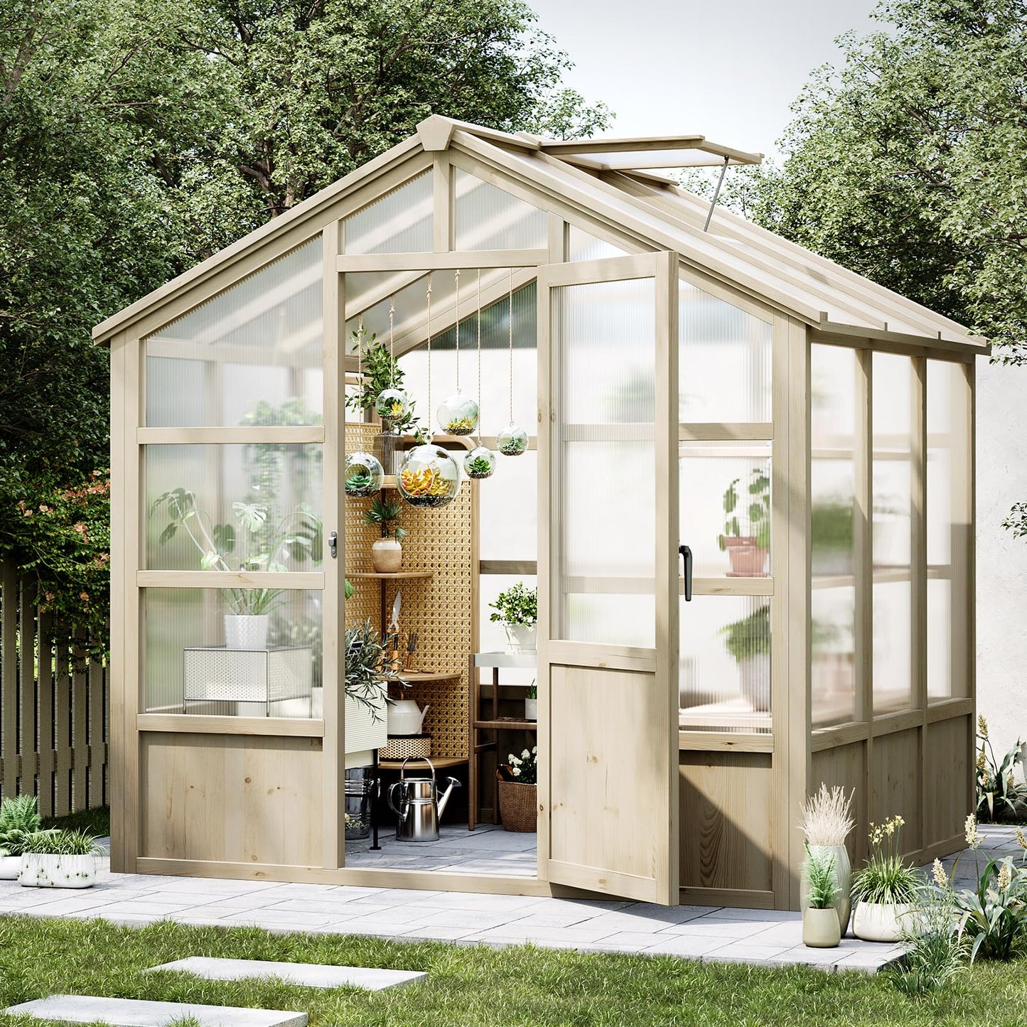 6x8FT Greenhouses for Outdoors, Wooden Greenhouse with Lockable Door, Wood Frame & Adjustable Vent, Polycarbonate Panel Heavy Duty Greenhouse for Outside, Garden, Yard, Light Brown