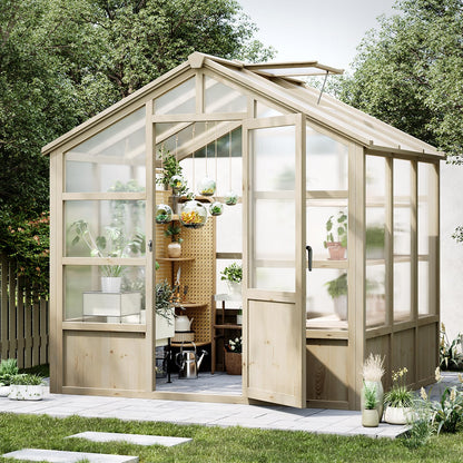6x8FT Greenhouses for Outdoors, Wooden Greenhouse with Lockable Door, Wood Frame & Adjustable Vent, Polycarbonate Panel Heavy Duty Greenhouse for Outside, Garden, Yard, Light Brown