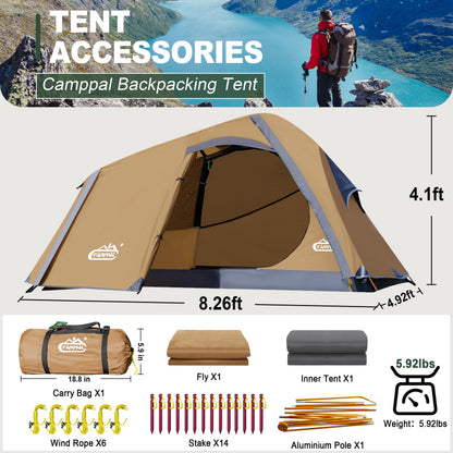 1 Person Backpacking Tent Waterproof Windproof Single Person Tent Lighweight Compact One Person Tent Easy Setup for Camping, Hiking, Mountaineering, Cycling, Biking - Khaki