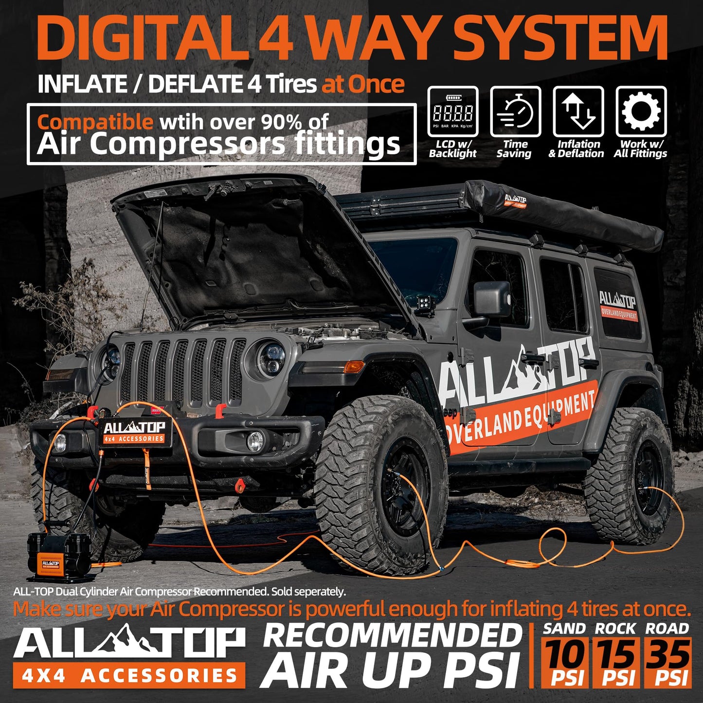 ALL-TOP 4 Tire Inflation & Deflation System, Up to 200" Wheelbase, Rapid High-Flow Air Up Down Kit w/Digital Pressure Gauge & Worry-Free Quick Fitting Package