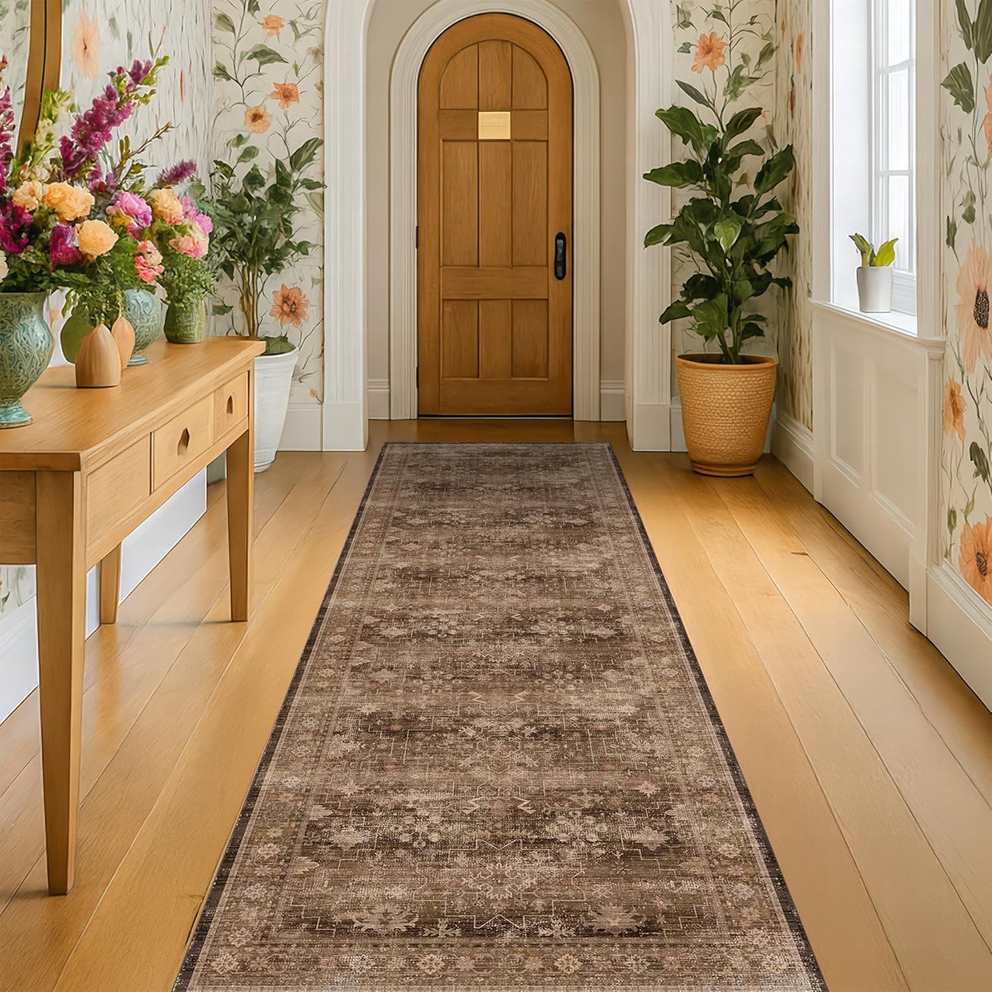 Skiennix Washable 10ft Hallway Runner Rug - Non-Slip Rubber Backing | Boho Vintage Brown 2'6"x10'