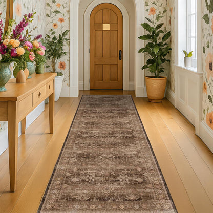 Skiennix Washable 10ft Hallway Runner Rug - Non-Slip Rubber Backing | Boho Vintage Brown 2'6"x10'