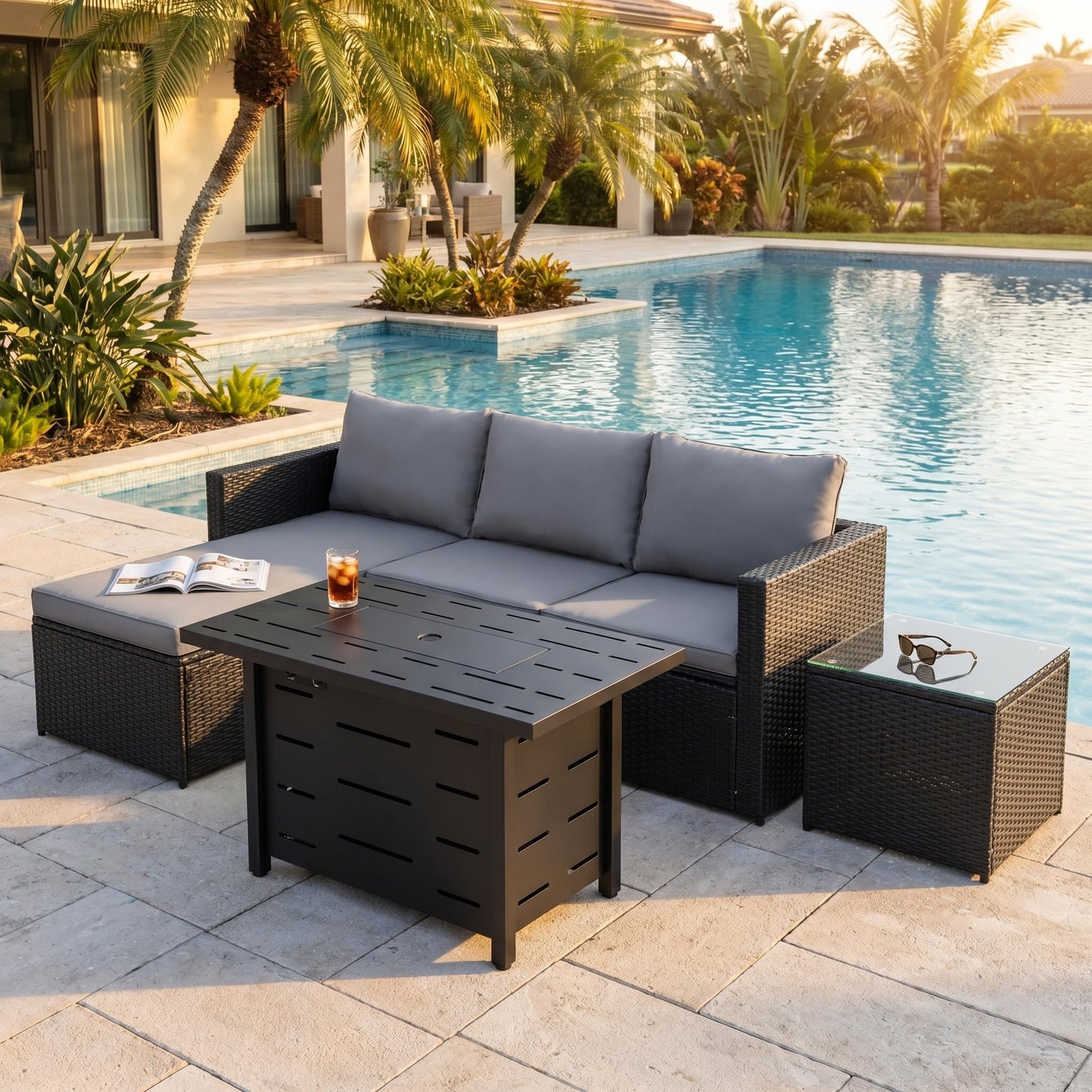 SUNLEI 4-Piece Patio Furniture Set with 43" Propane Fire Pit Table, Outdoor Wicker Sectional Sofa Set, All-Weather Conversation Set for Backyard, Poolside, Garden, Grey Cushions