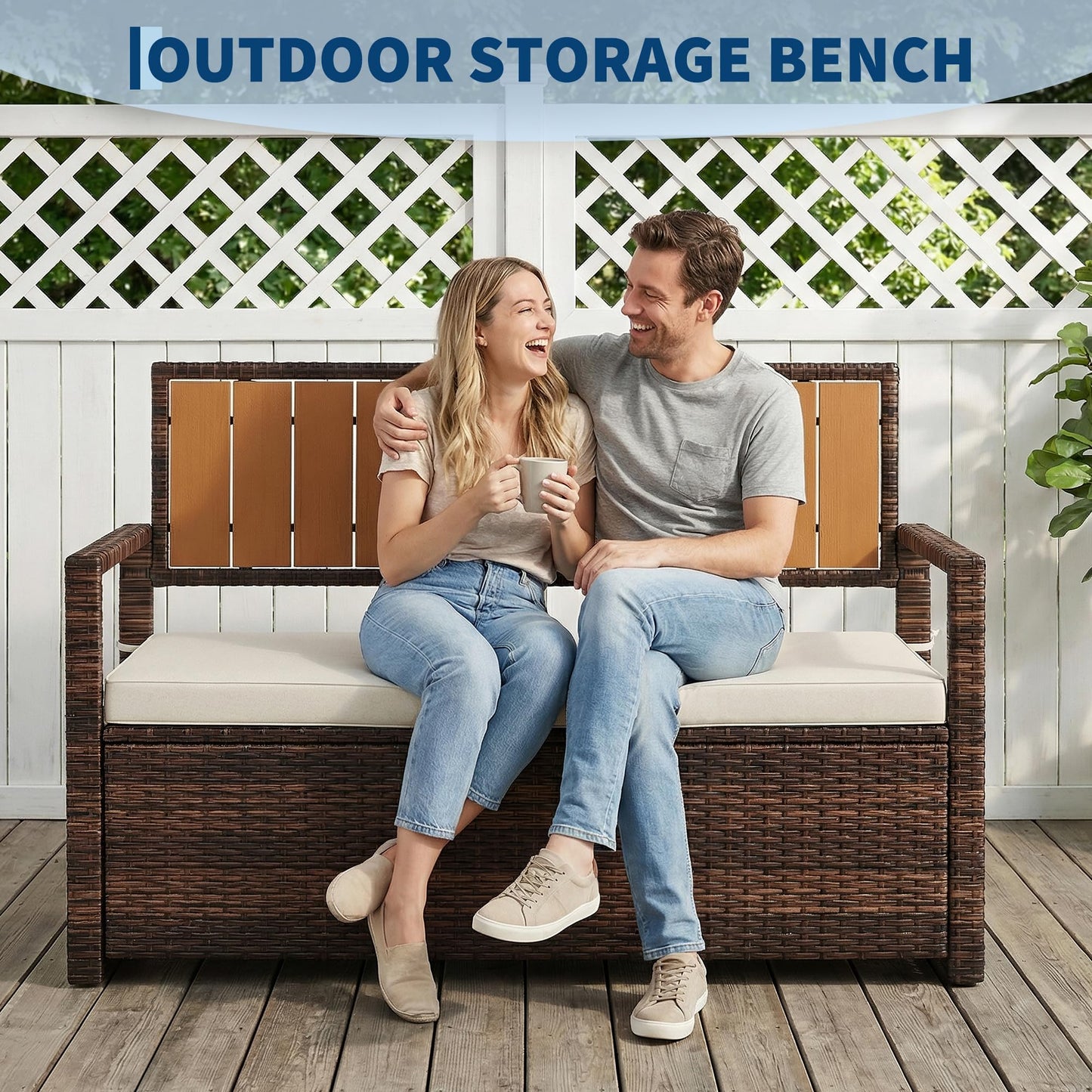 Outdoor Storage Bench with Cushion, 2-Seater PE Rattan Storage Box with Backrest & Armrests, 75 Gallon, 400 lbs Capacity Weatherproof Patio Bench for Garden, Balcony, Porch, Pool, Yard,Dark Brown