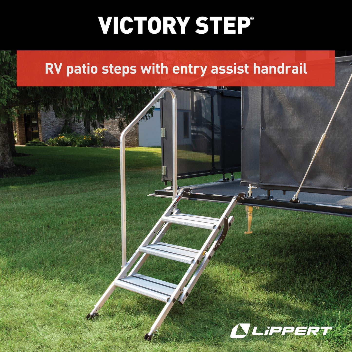 Lippert Victory Step Triple RV Steps for Toy Hauler Patio Systems with Entry Assist Handrail, 300-lb. Weight Capacity, 8" Rise, Anti-Slip Treads, Adjustable Legs/Step Pitch, Easy Storage - 2023024500