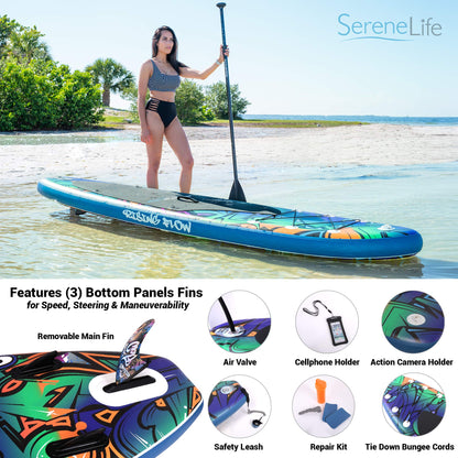 SereneLife Inflatable Stand Up Paddle Board - Wide Stable Design, Non-Slip Deck for Adults & Youth with Premium Paddle Board Accessories: Carry Bag, Dual Action Pump, Paddle, Ankle Leash - 10'6"