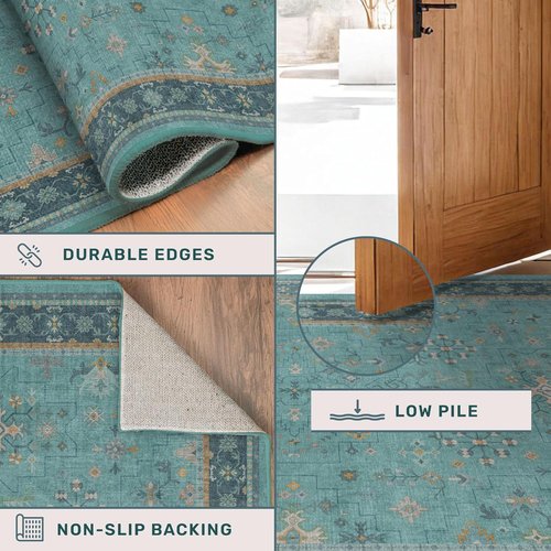 Boho 9x12 Large Teal Green Washable Rug - Vibrant Turquoise Carpet for Living Room, Bedroom & Dining Room