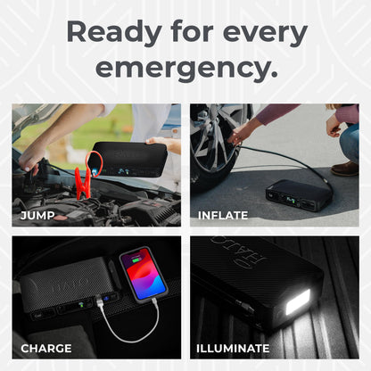HALO Bolt Air 58830 Portable Car Battery Jump Starter | 100 PSI Air Compressor, 58.8Wh USB Power Bank, Emergency Floodlight & Charger, Jumps Cars SUVs & Trucks, Inflates Tires, TSA Approved — Black
