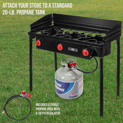 Hike Crew Cast Iron 3-Burner Outdoor Gas Stove | 225,000 BTU Portable Propane Cooktop w/Blue Flame Control, Removable Legs, Temperature Control Knobs, Wind Panel, Hose, Regulator & Storage Carry Case