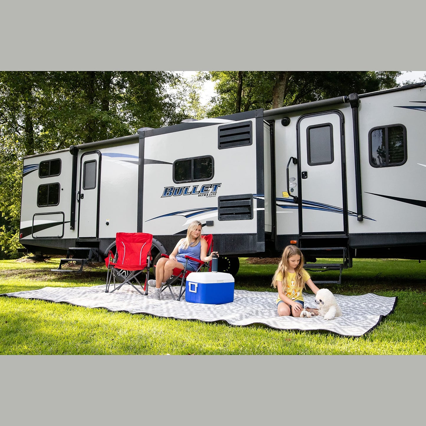 Mountain Mat Earth-Friendly RV Patio Mat Size 8' x 16' for Campers, Campsites - Premium 5 mm Thick Heavy Duty, Waterproof, Reversible Rugs Recycled Polypropylene, with Carry Bag (8' x 16', Grey)