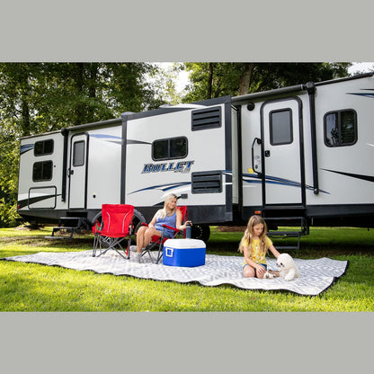 Mountain Mat Earth-Friendly RV Patio Mat Size 8' x 16' for Campers, Campsites - Premium 5 mm Thick Heavy Duty, Waterproof, Reversible Rugs Recycled Polypropylene, with Carry Bag (8' x 16', Grey)