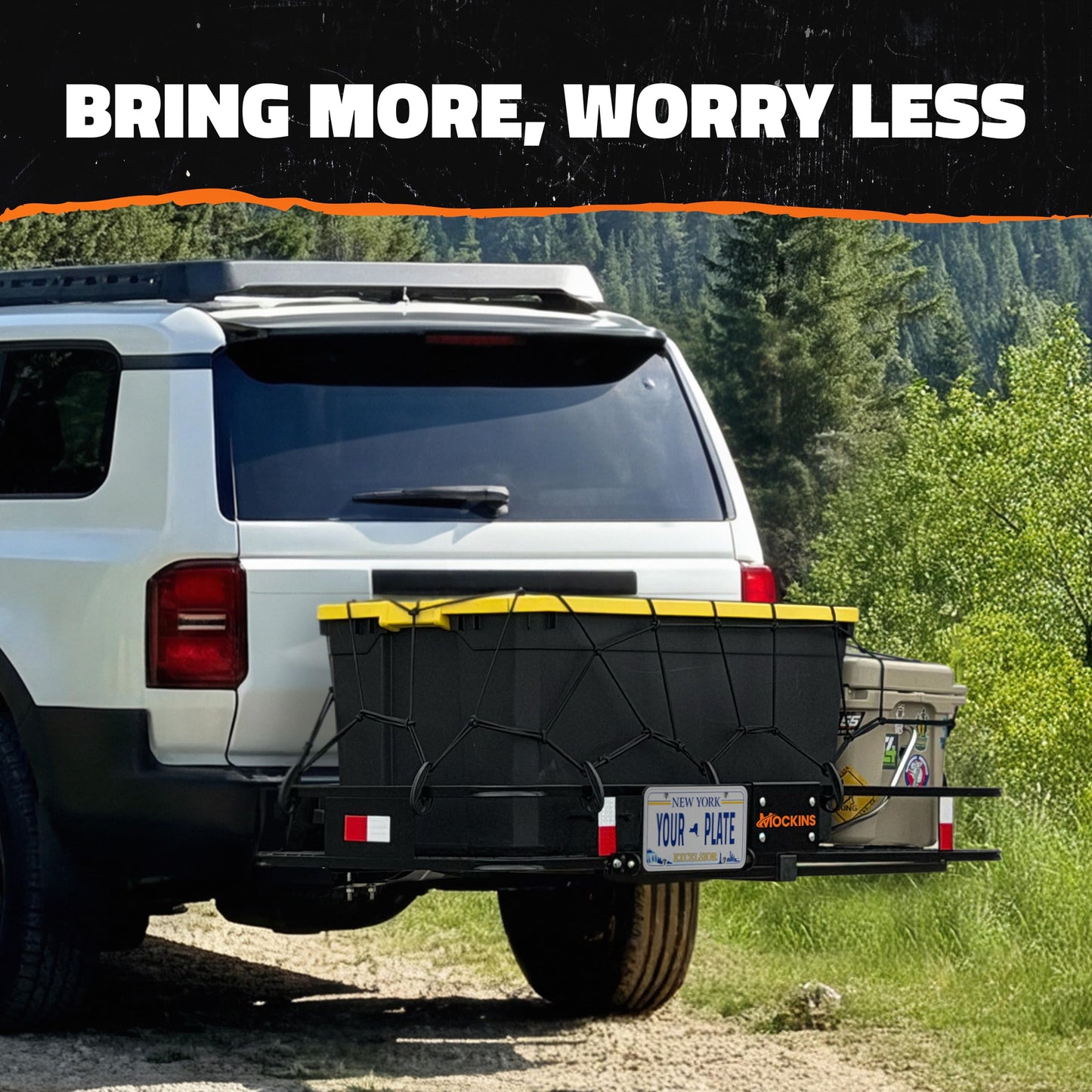 Mockins 60"x24"x6" XL Heavy Duty Trailer Hitch Cargo Carrier | 500 Lbs Cap Folding Luggage Rack for SUV Car & Truck | All-Weather Steel Hitch Rack Cargo Carrier w/License Plate Bracket & Accessories