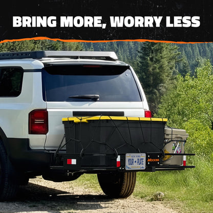 Mockins 60"x24"x6" XL Heavy Duty Trailer Hitch Cargo Carrier | 500 Lbs Cap Folding Luggage Rack for SUV Car & Truck | All-Weather Steel Hitch Rack Cargo Carrier w/License Plate Bracket & Accessories