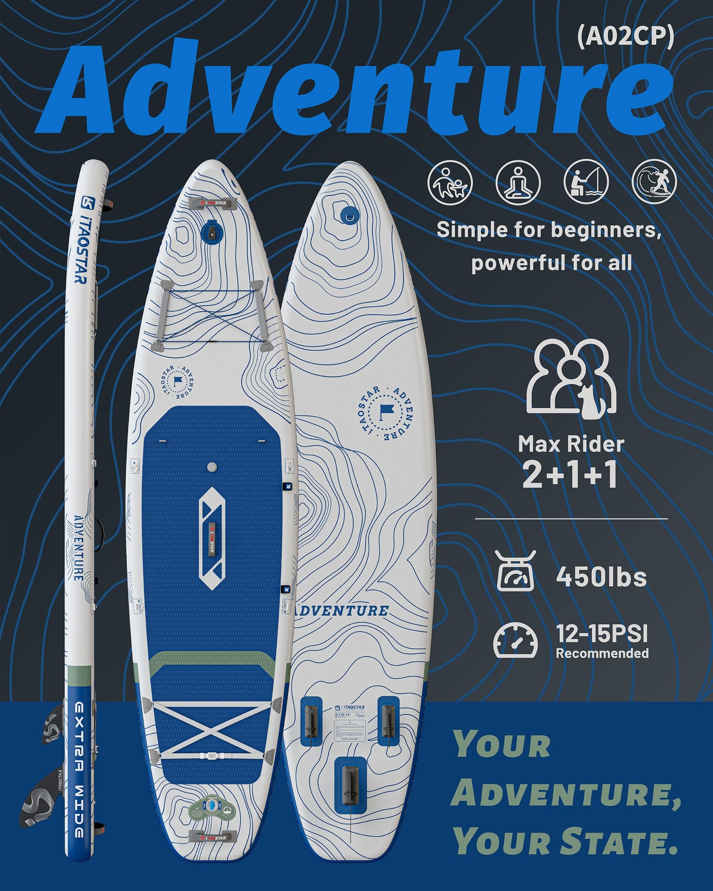 iTAOSTAR Adventure 12' × 35" Inflatable Stand Up Paddle Board with Seat, Extra Wide SUP Board with 5 Fins Stable Design for Adults, Youth, All Skill Levels, Lakes, Oceans & Fishing