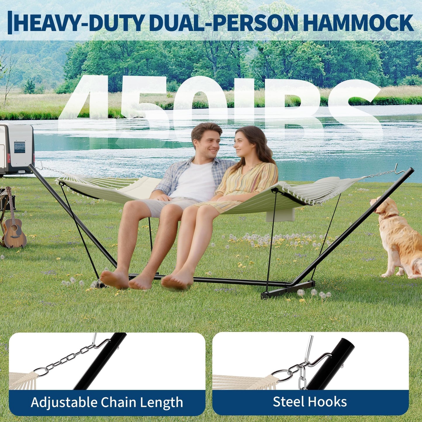 GarveeLife 2 Person Double Hammock with Stand and Pillow - 450 Lbs Capacity Heavy Duty Hammock with Balance Rope, Large Outdoor Hammock for Patio Backyard Poolside