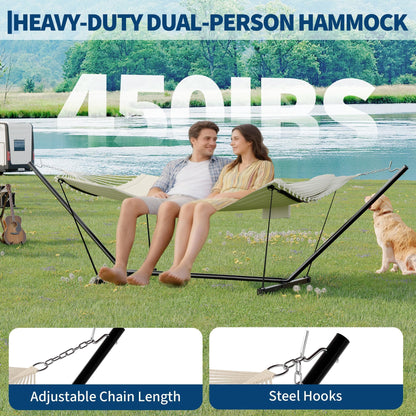 GarveeLife 2 Person Double Hammock with Stand and Pillow - 450 Lbs Capacity Heavy Duty Hammock with Balance Rope, Large Outdoor Hammock for Patio Backyard Poolside