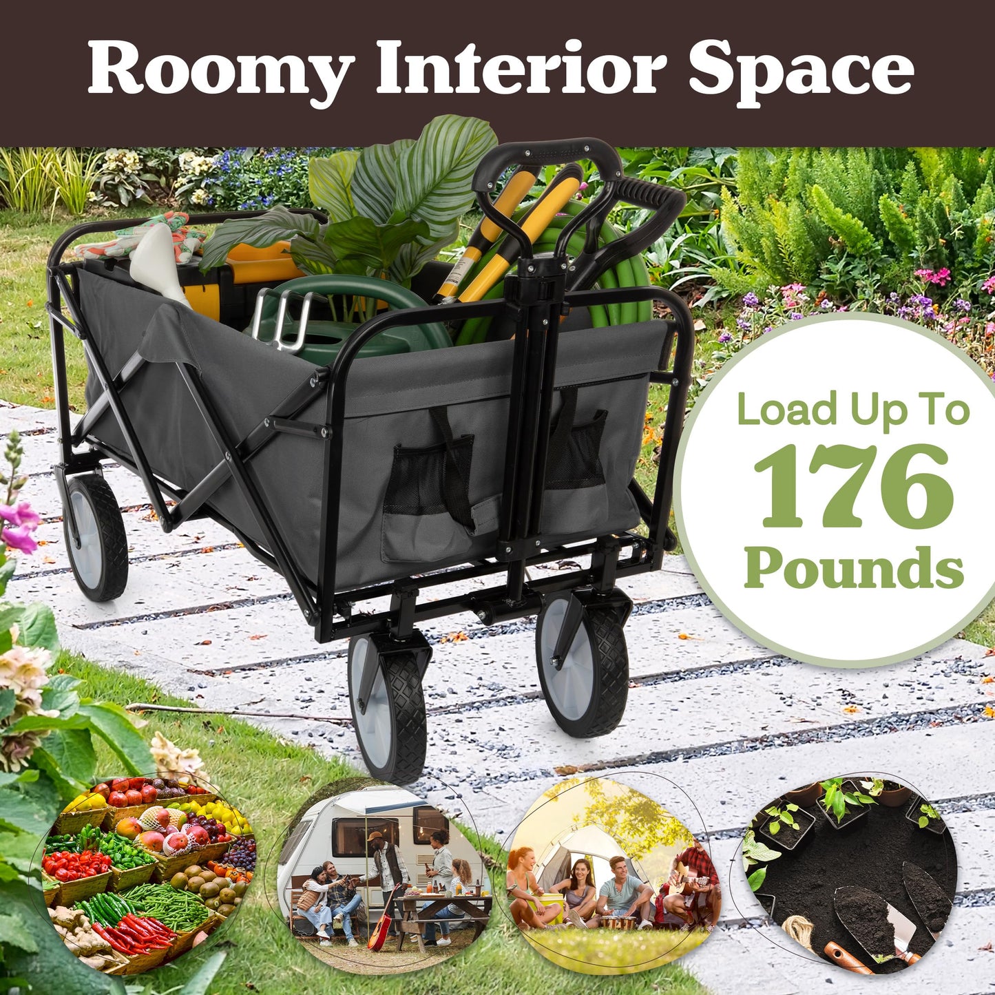 Collapsible Wagon - Grocery Cart on Wheels - Portable Beach Wagon, Folding Garden Cart or Shopping Cart - Wagons Carts Foldable by Pure Garden (Gray)