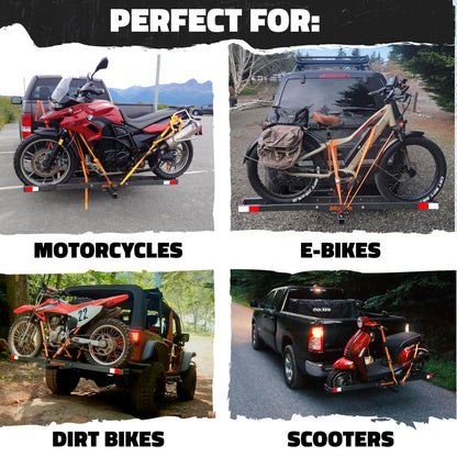 Mockins 500 lbs Capacity Anti-Tilt Motorcycle Hitch Carrier w/Loading Ramp | 73" Heavy Duty Steel Fat Tire eBike Rack & Dirt Bike Rack for Car Hitch 2" Receivers | Weatherproof Motorcycle Carrier Set