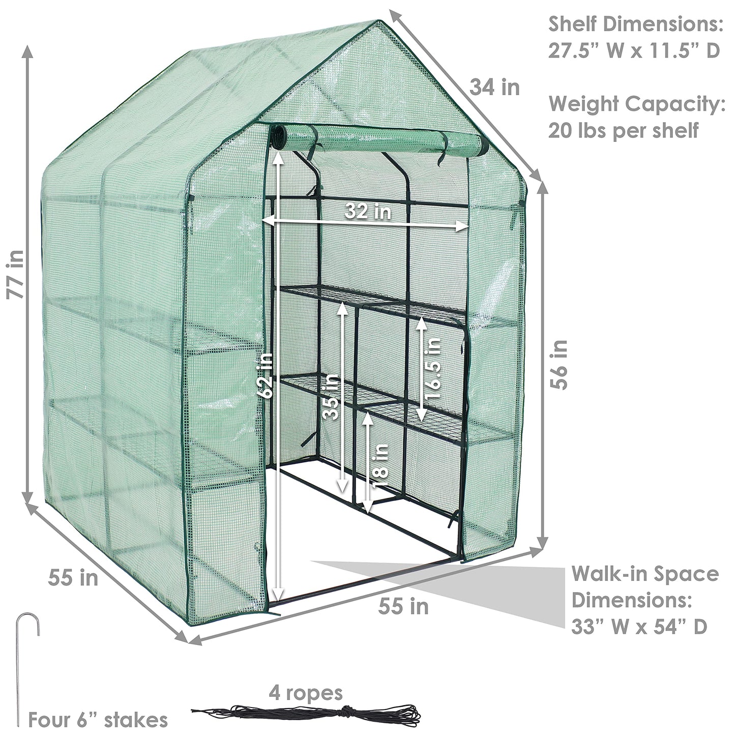 Sunnydaze Portable Outdoor Grandeur Walk-in Greenhouse with 4 Steel Wire Shelves and Roll-Up Door - Green
