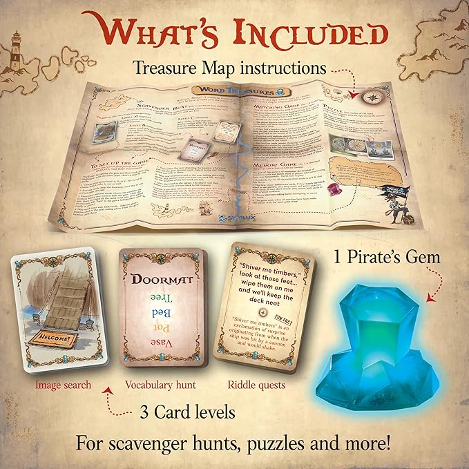 Word Treasures – Pirate Toys and Scavenger Hunt Games for Kids | Ages 4-8+ 1-4 players | Use for Sight Word Games a Treasure Hunt Memory Games or Puzzles for Kids Ages 4-8 | A Replayable Adventure!