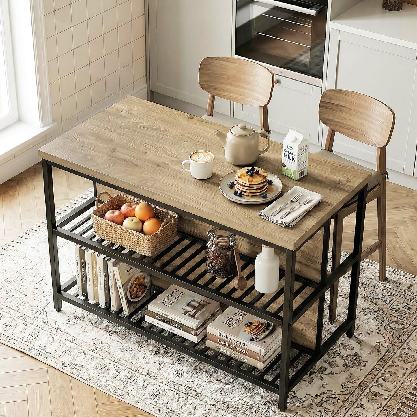 LITTLE TREE 55-Inch Kitchen Island Table with Storage, 3-Tier Stationary Center Island Table with Metal Base, Farmhouse Rustic Kitchen Island, Brown