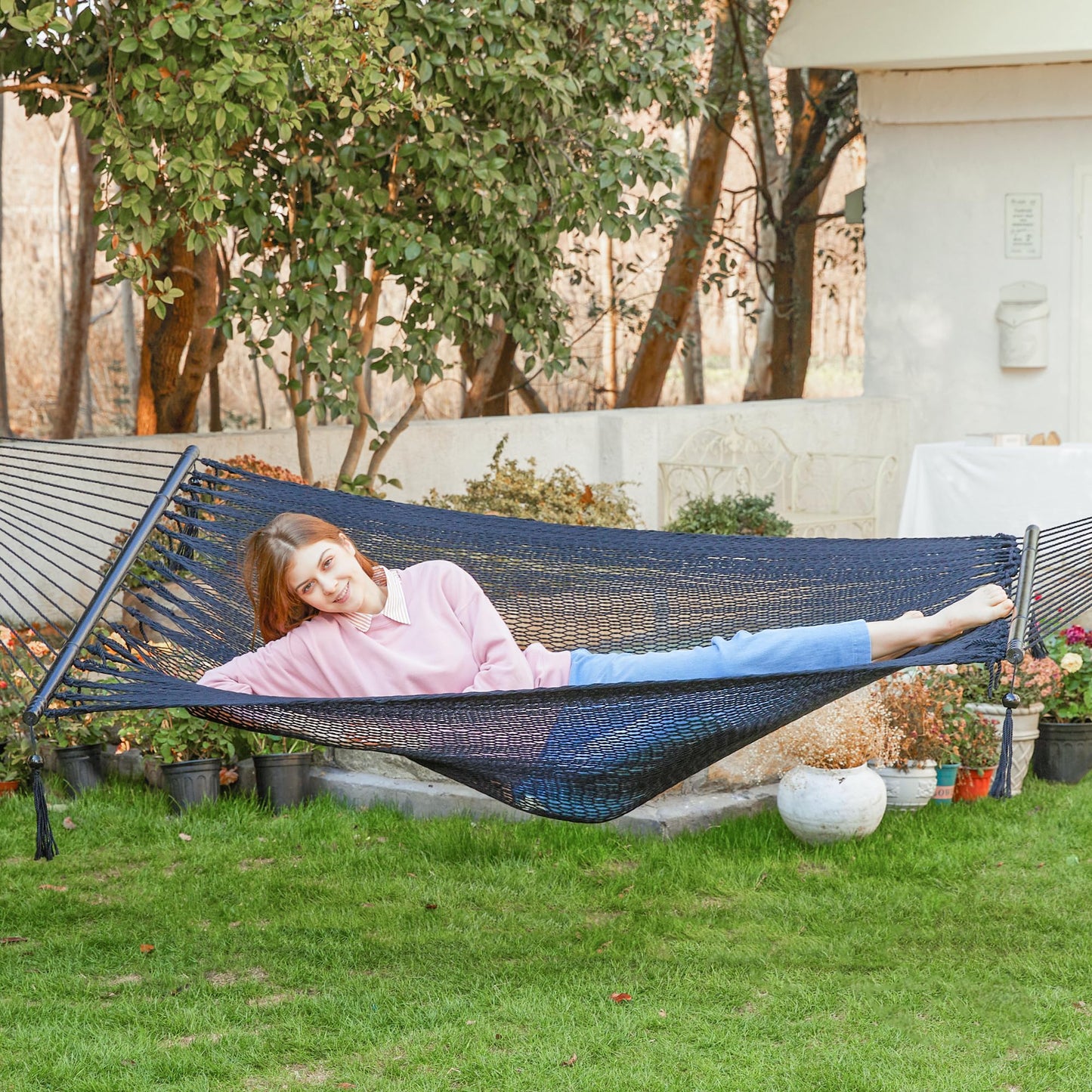 PNAEUT Double Rope Hammocks for Outside, Handwoven Double Caribbean Hammock with Spreader Bar for Outdoor Indoor, Max 600 lbs Capacity (Abyss)