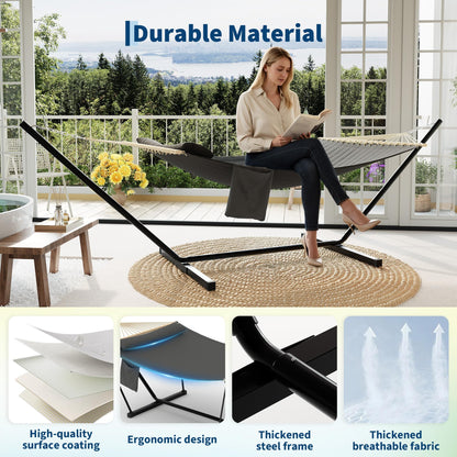 Double Hammock with Stand - Heavy Duty Portable 2 Person Design with Adjustable Steel Stand, Max 450LBS, Ideal for Outdoor Patio, Garden, Beach & Backyard