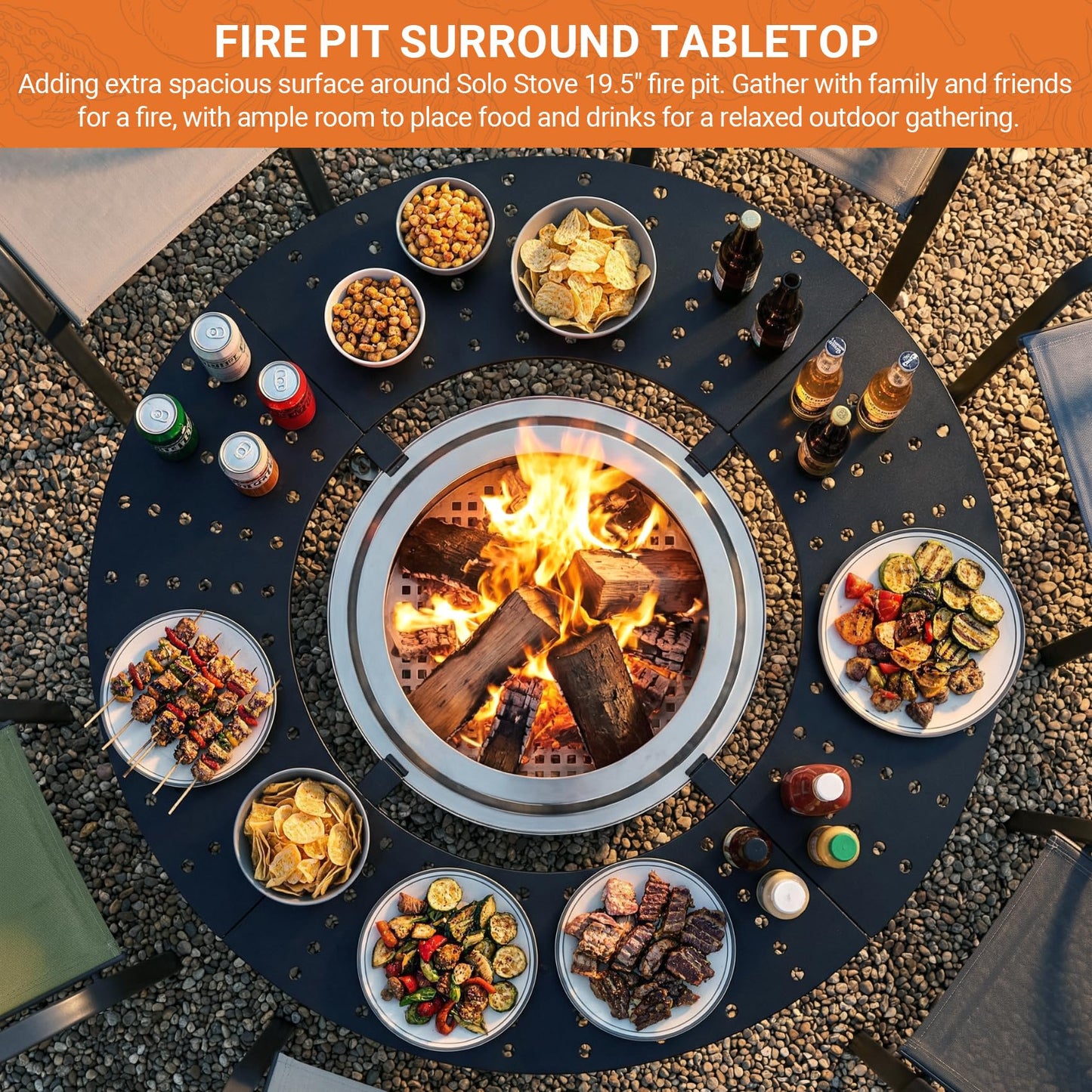 onlyfire Direct Mount Tabletop for Solo Stove Bonfire 19.5 inch Fire Pit, 40 inch Round Heat-Resistant Surround Tray, 4-Piece Modular Patio Snack Table for Drinks & Food, Solo Stove Accessories