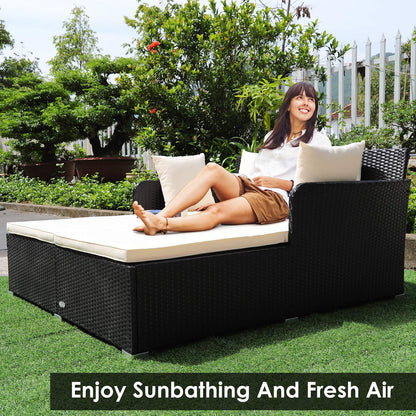COSTWAY Outdoor Patio Rattan Daybed, Sponge Cushioned Loveseat Sofa with 4 Pillows, Wicker Furniture Sunbed for Balcony, Courtyard (Beige)