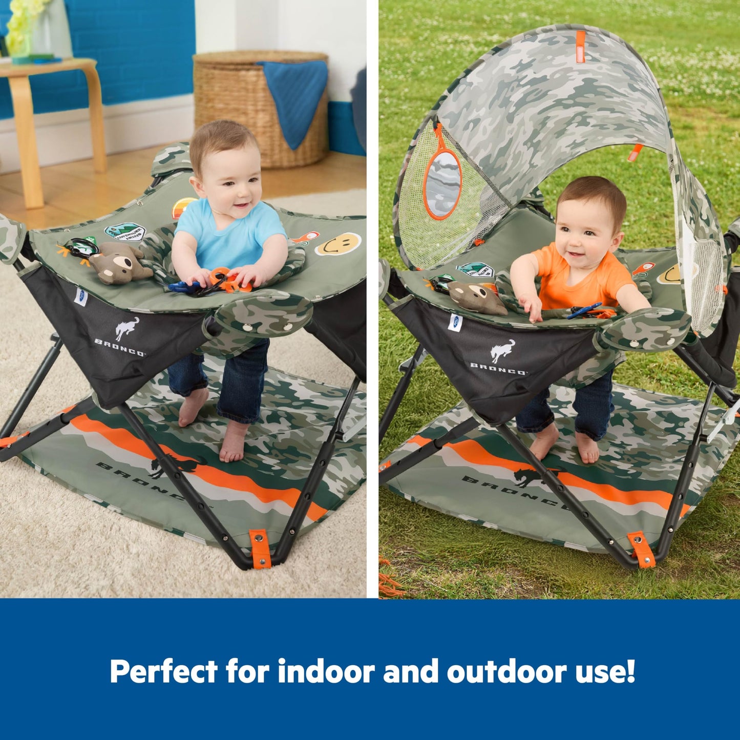 Bright Starts Ford Bronco Pop 'N Jump Portable Baby Jumper, Foldable Indoor/Outdoor Baby Jumper with Sensory Activities, Ages 6-12 Months