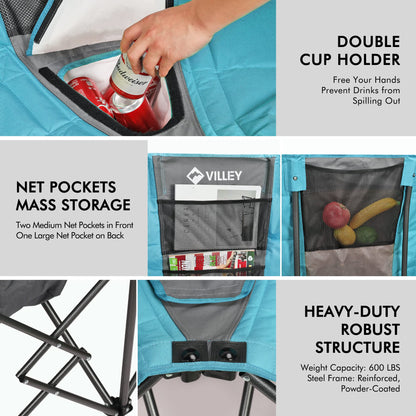 VILLEY Double Camping Chair w/Cooler Bag, Extra Wide Loveseat, Heavy Duty Padded Camping Couch, Portable Folding Chair w/Carry Bag Steel Frame Cup Holders for Camp Lawn Picnic Sports, Support 600LBS