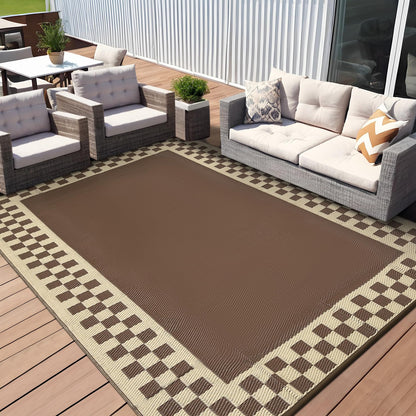 GAOMON Patio Modern Checkered Outdoor Rug 10x14 Waterproof Large Reversible Camping Mat Foldable Lightweight Plastic Straw Outdoor Rug for Deck, Picnic, Porch, Camper, Balcony, Beach, Rv, Brown