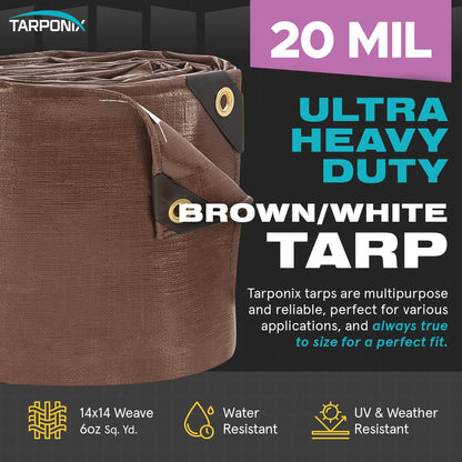 Tarponix 20' x 20' Ultra Heavy Duty Tarp – 20 Mil Brown/White Waterproof Outdoor Cover, UV Protection, Reinforced Corners, Ideal for Camping, Tent, and Outdoor Use