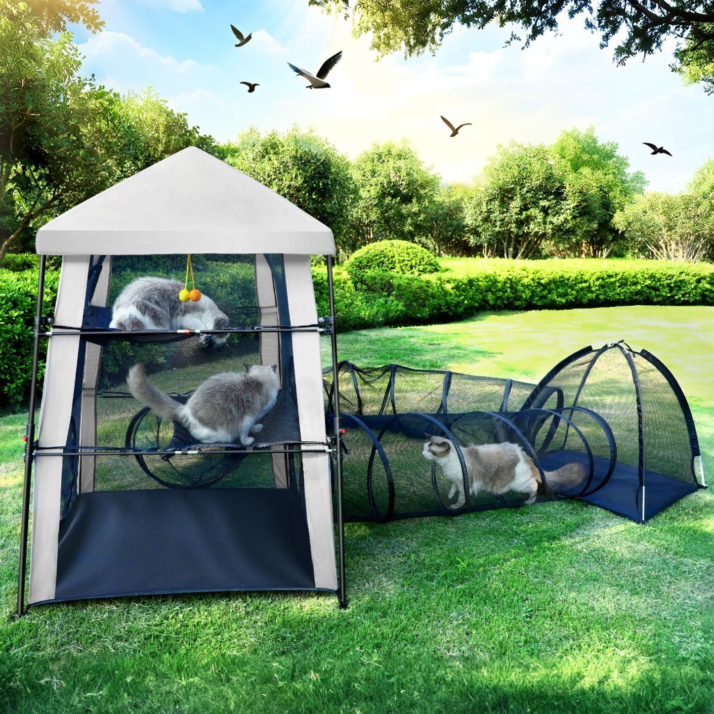CypherX Extra Large Catio Outdoor Cat Enclosure, 3-Tier Cat Tents with Tunnels for Indoor Cats/Pop Up Cube, Cat Tower Playpen with 2 Tunnels and Tents, Portable Pet Playhouse for Outside, Patio(Grey)