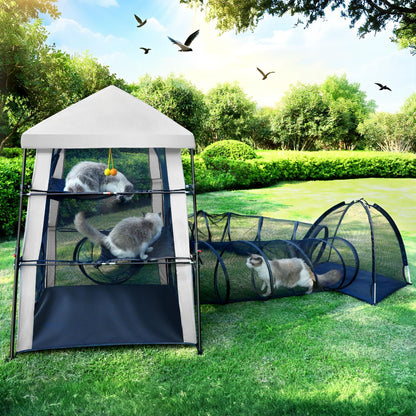 CypherX Extra Large Catio Outdoor Cat Enclosure, 3-Tier Cat Tents with Tunnels for Indoor Cats/Pop Up Cube, Cat Tower Playpen with 2 Tunnels and Tents, Portable Pet Playhouse for Outside, Patio(Grey)