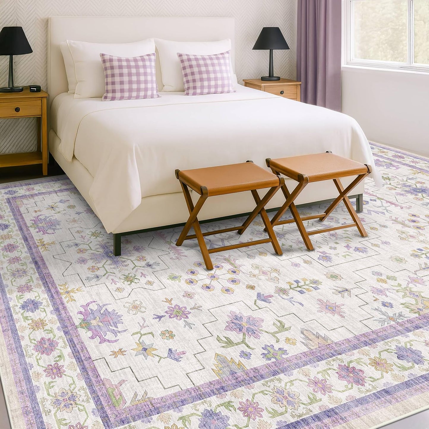 Skiennix 8x10 Large Lavender Area Rug - Floral Design, Non-Slip, Stain Resistant, Washable Carpet