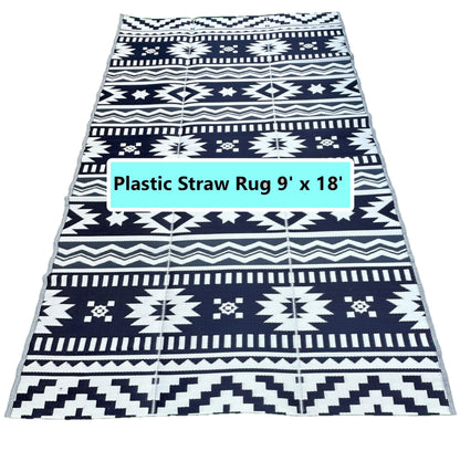 BalajeesUSA Outdoor Rugs–9x18 Plastic Patio Decor Grey Dark Blue, Durable and Affordable Recycled Straw Picnic All-Weather and Waterproof Reversible Camper Awning mats 7582