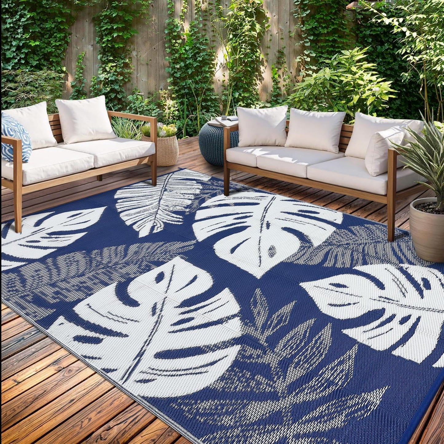 IDEALHOUSE Outdoor Rug 9x18 Ft, Waterproof Plastic Reversible Rug, Modern Leaf Pattern Plastic Camping Mat for Outdoors, RV, Patio, Backyard, Deck, Picnic, Beach, Traile(Dark Blue & White)